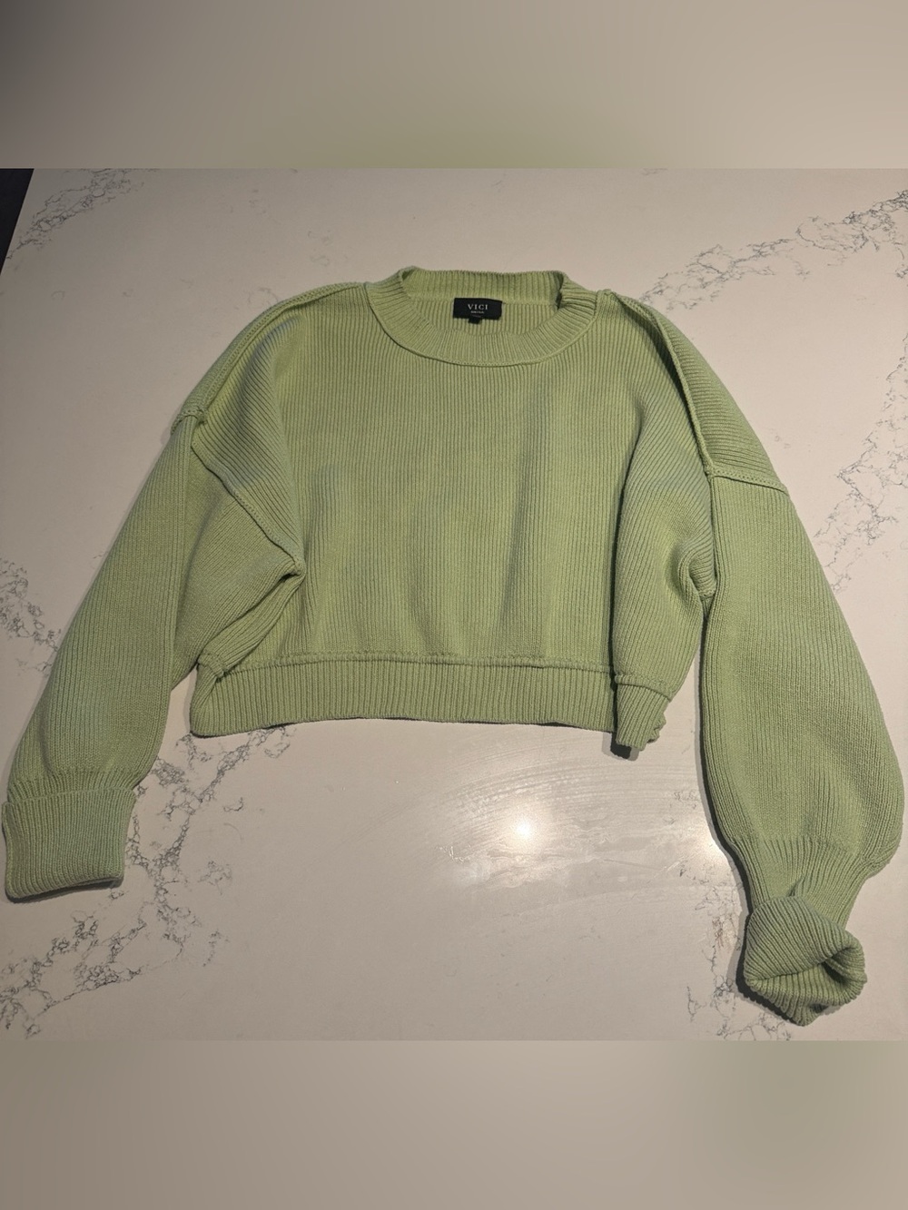 VICI Light Olive Ribbed Crewneck Sweater